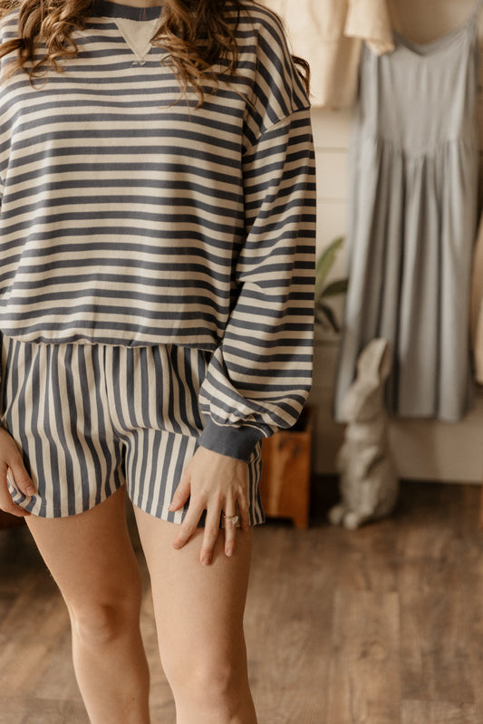 Oversized Crew + Short Set | Marine Stripe