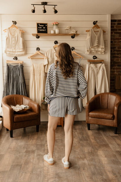 Oversized Crew + Short Set | Marine Stripe