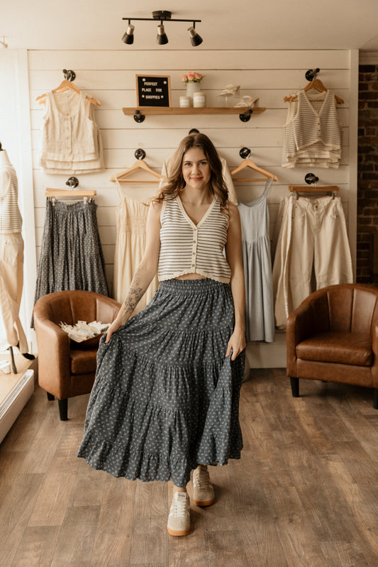 Ruffled Tiered Maxi Skirt | Blue Ditsy