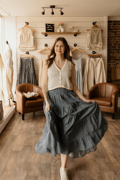 Ruffled Tiered Maxi Skirt | Blue Ditsy