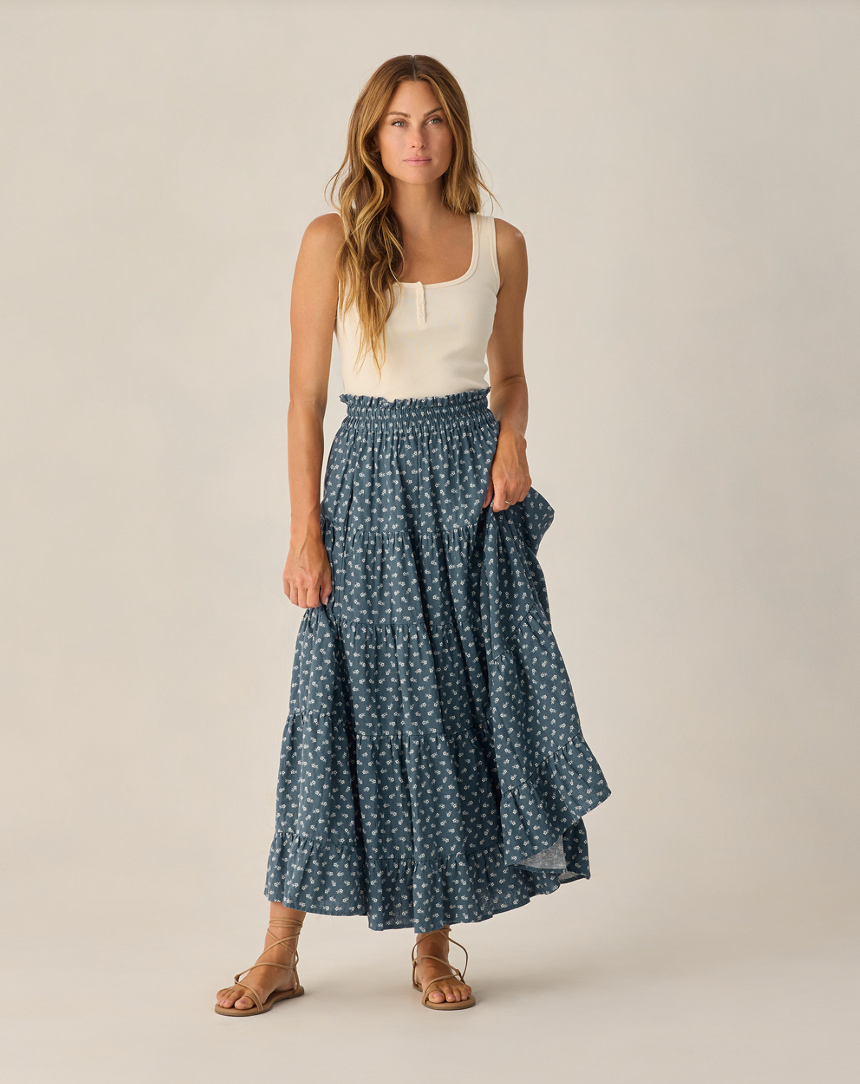 Ruffled Tiered Maxi Skirt | Blue Ditsy
